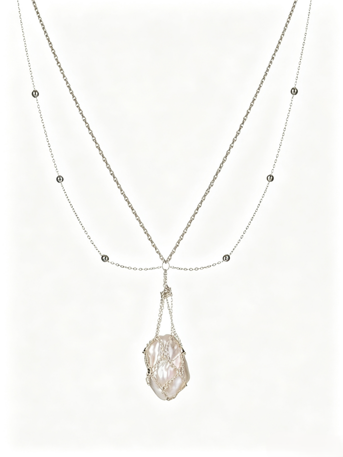 Woven Net‑Bag Baroque Pearl Jewelry Set, Vintage Layered Long Necklace & Threader Earrings, Unique Designer Pearl Pendant
