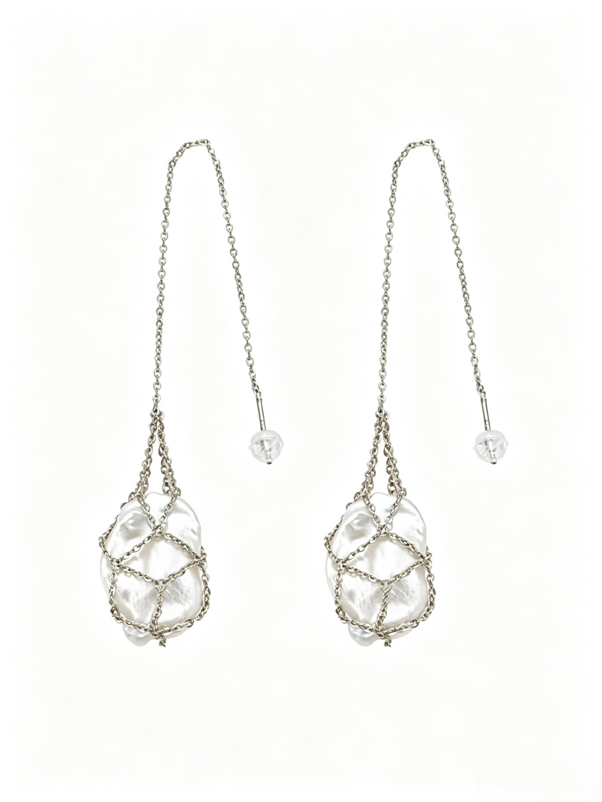 Woven Net‑Bag Baroque Pearl Jewelry Set, Vintage Layered Long Necklace & Threader Earrings, Unique Designer Pearl Pendant