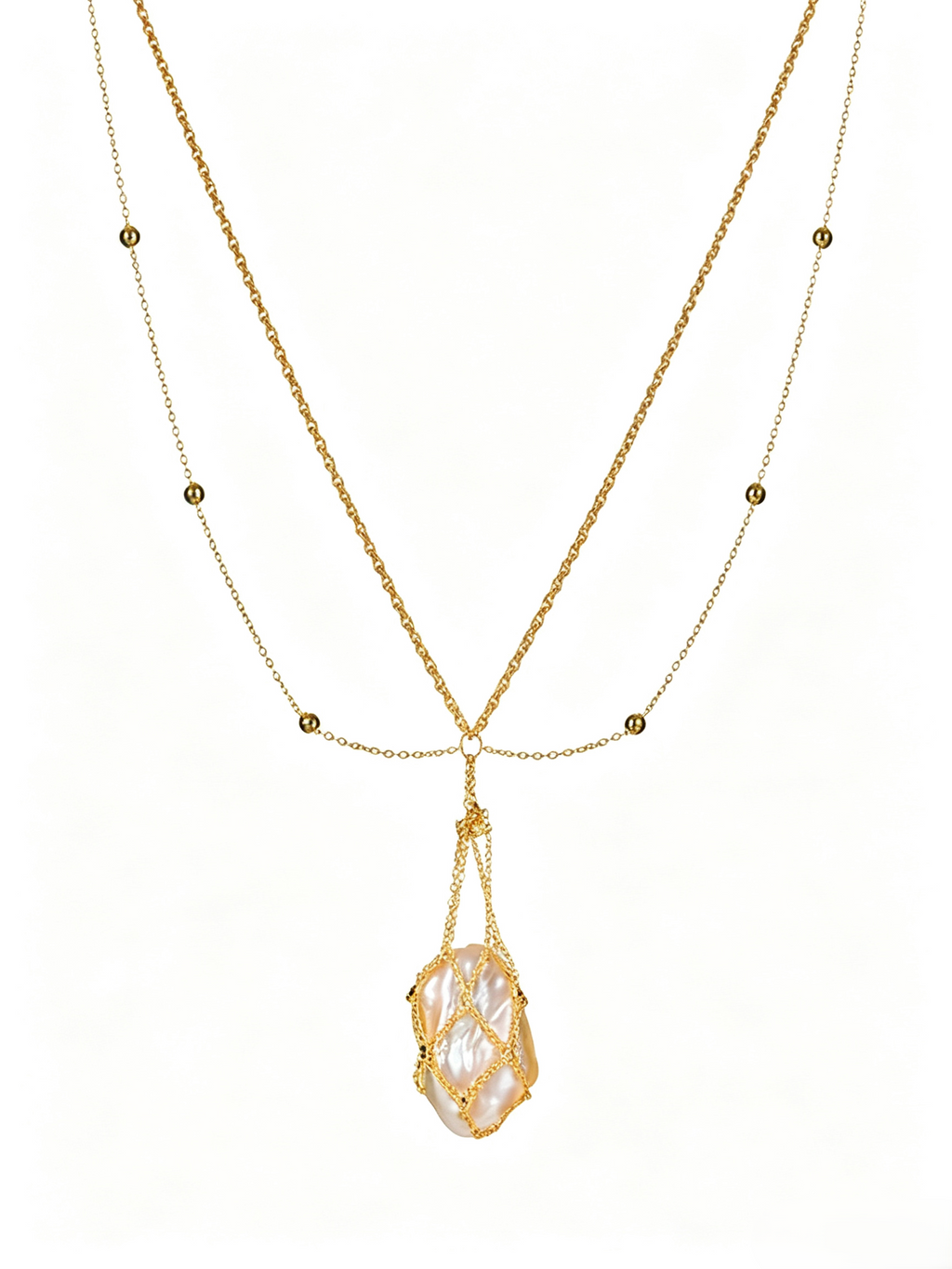 Woven Net‑Bag Baroque Pearl Jewelry Set, Vintage Layered Long Necklace & Threader Earrings, Unique Designer Pearl Pendant