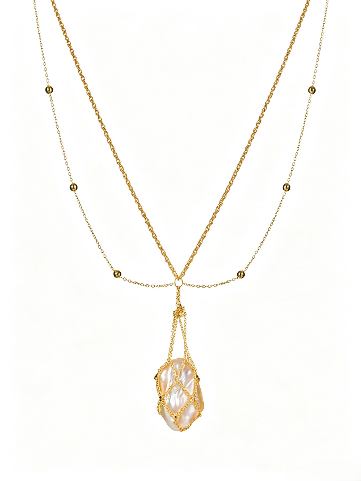Woven Net‑Bag Baroque Pearl Jewelry Set, Vintage Layered Long Necklace & Threader Earrings, Unique Designer Pearl Pendant