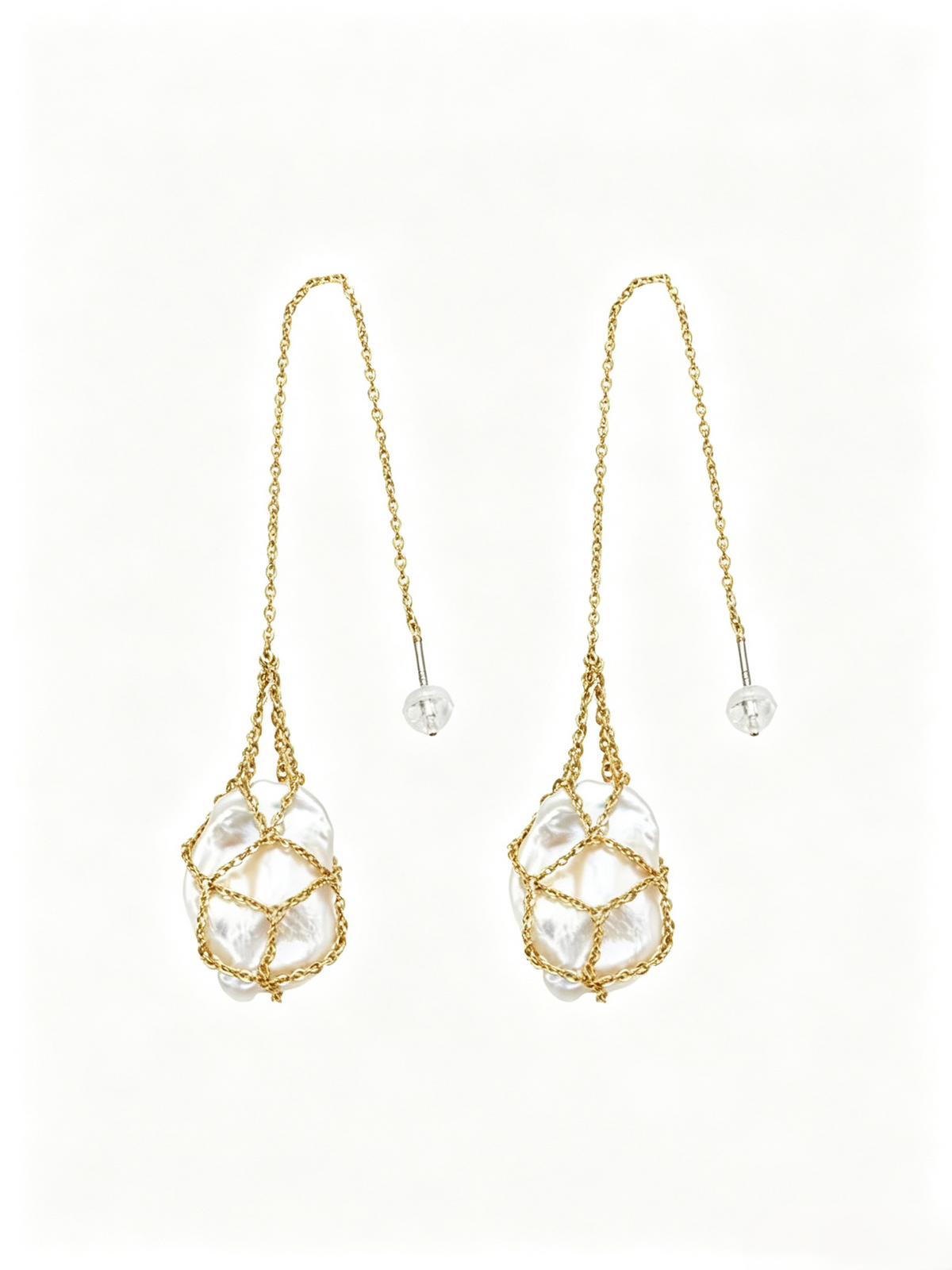 Woven Net‑Bag Baroque Pearl Jewelry Set, Vintage Layered Long Necklace & Threader Earrings, Unique Designer Pearl Pendant