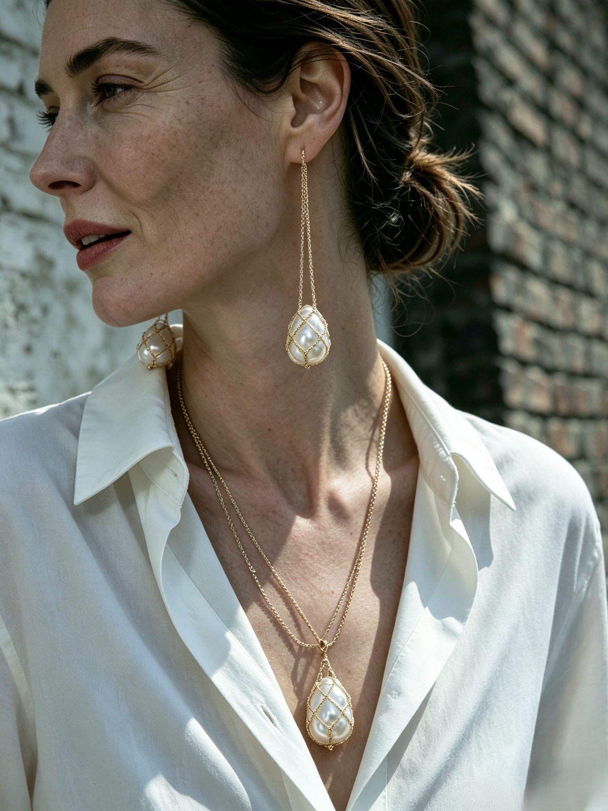 Woven Net‑Bag Baroque Pearl Jewelry Set, Vintage Layered Long Necklace & Threader Earrings, Unique Designer Pearl Pendant