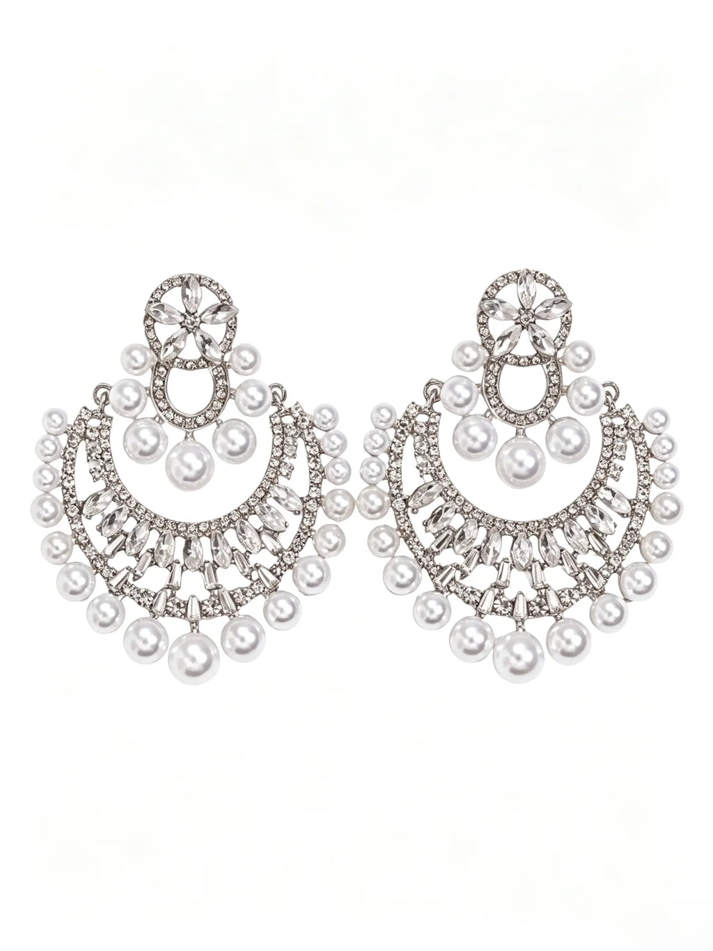 French Vintage Pearl Rhinestone Large Drop Earrings, Ornate Statement Earrings for Evening Party Wedding