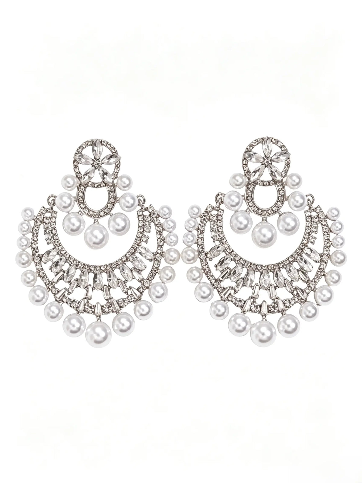 French Vintage Pearl Rhinestone Large Drop Earrings, Ornate Statement Earrings for Evening Party Wedding