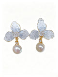 Natural Freshwater Pearl Floral Drop Stud Earrings, Sophisticated Crystal‑Accent Flower Earrings for Women