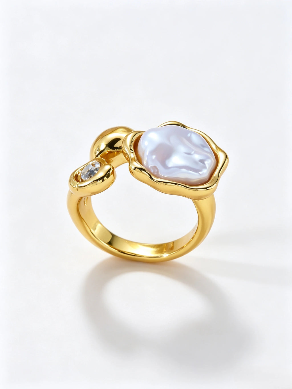 18K Gold Plated Natural Baroque Pearl Open Statement Ring, Sophisticated Zircon Accent Vintage Ring for Women