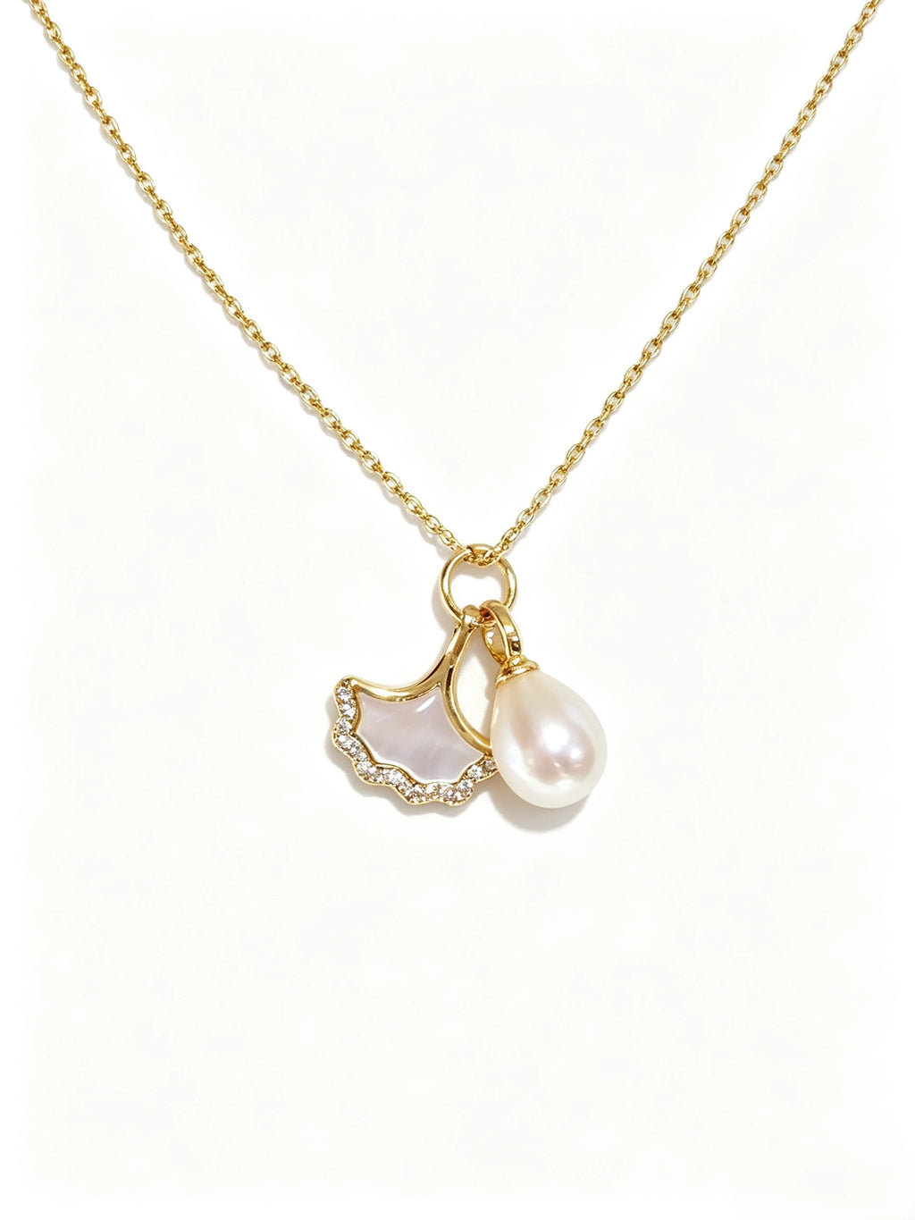 Natural Freshwater Pearl & Mother‑of‑Pearl Ginkgo Leaf Pendant Necklace, Sophisticated Zircon Accent Gold Plated Necklace for Women
