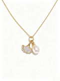 Natural Freshwater Pearl & Mother‑of‑Pearl Ginkgo Leaf Pendant Necklace, Sophisticated Zircon Accent Gold Plated Necklace for Women