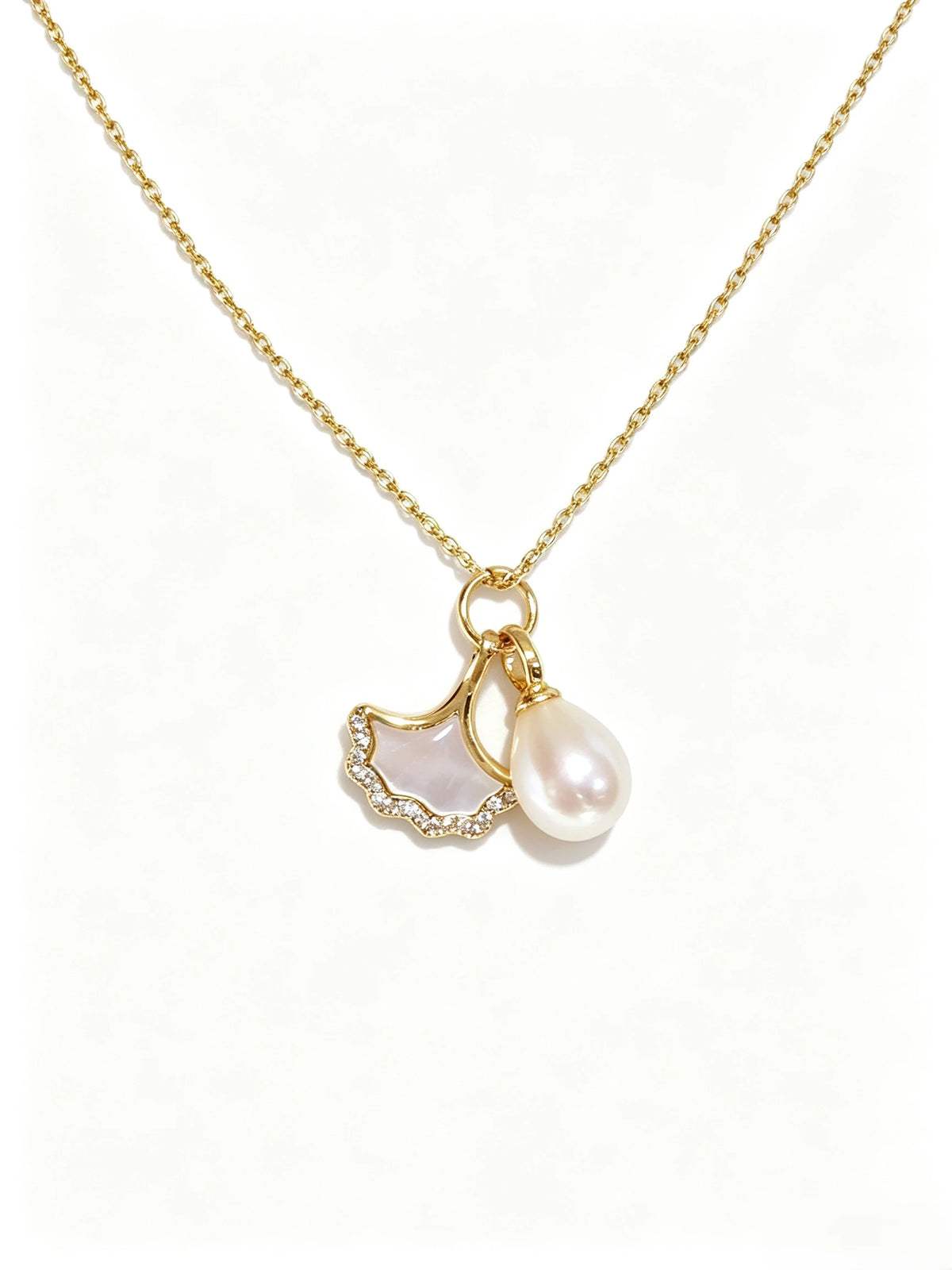 Natural Freshwater Pearl & Mother‑of‑Pearl Ginkgo Leaf Pendant Necklace, Sophisticated Zircon Accent Gold Plated Necklace for Women