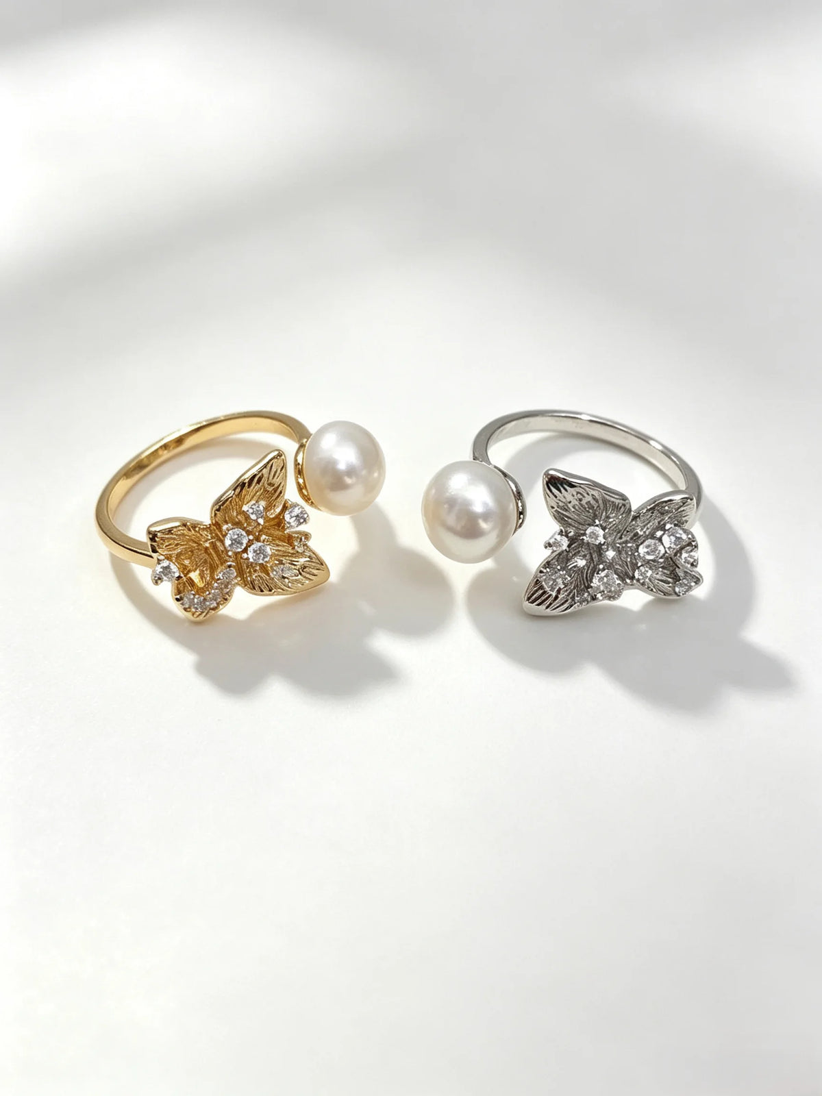 Butterfly Natural Freshwater Pearl Open Ring, 18K Gold Plated Adjustable Feminine Statement Ring for Women