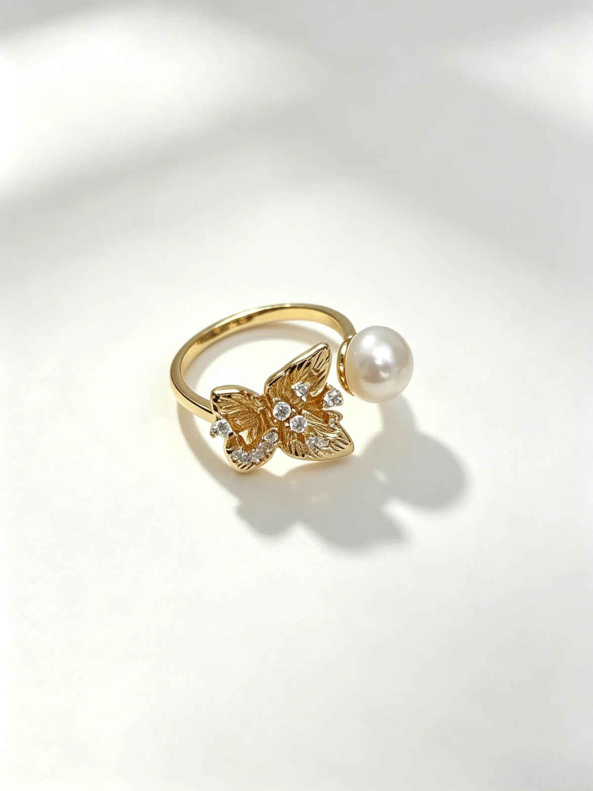 Butterfly Natural Freshwater Pearl Open Ring, 18K Gold Plated Adjustable Feminine Statement Ring for Women