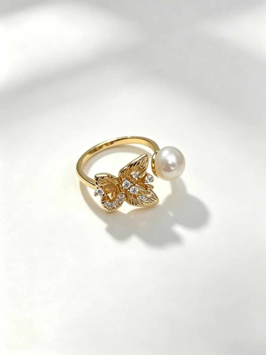 Butterfly Natural Freshwater Pearl Open Ring, 18K Gold Plated Adjustable Feminine Statement Ring for Women