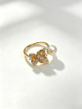 Butterfly Natural Freshwater Pearl Open Ring, 18K Gold Plated Adjustable Feminine Statement Ring for Women
