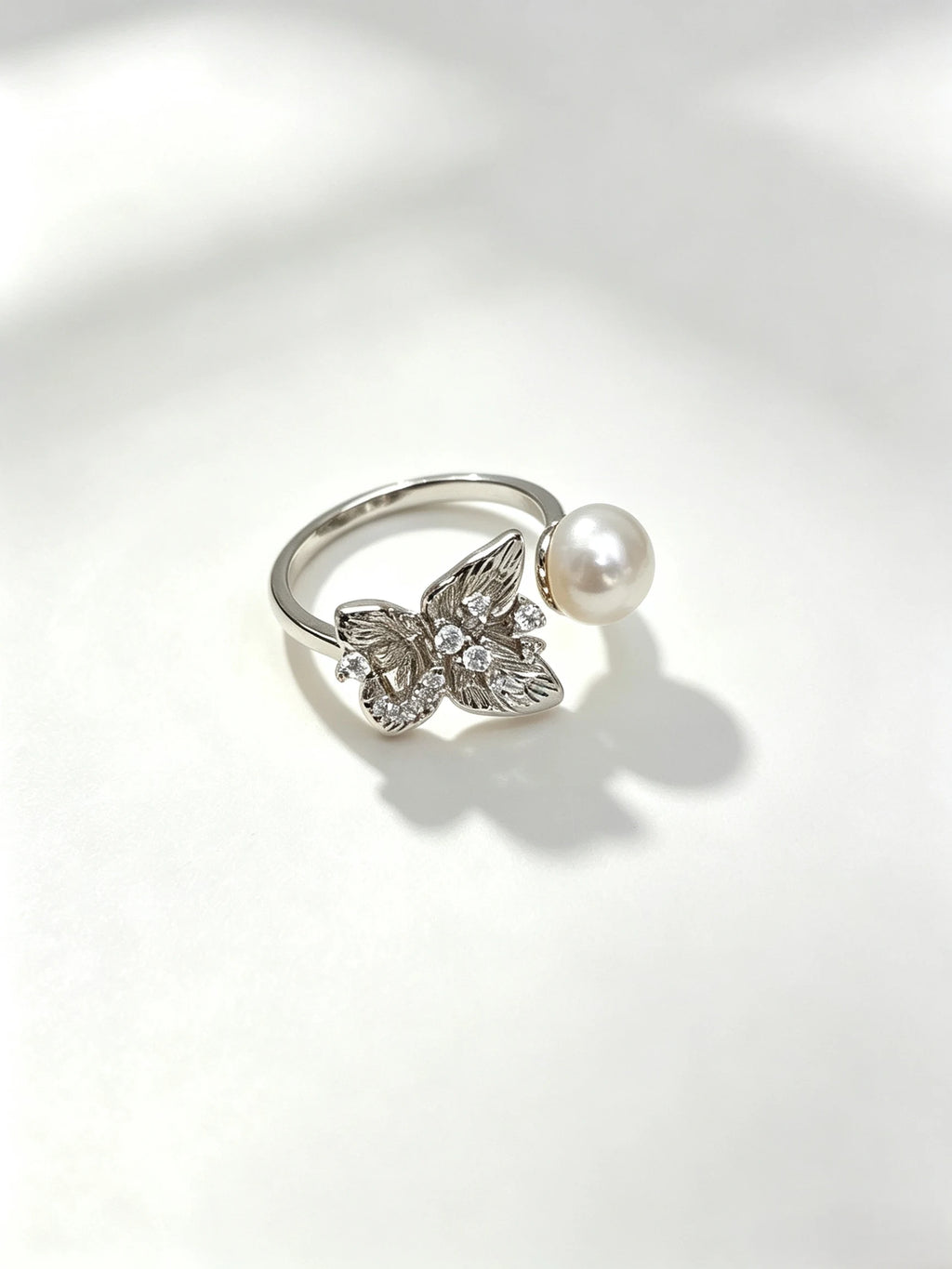 Butterfly Natural Freshwater Pearl Open Ring, 18K Gold Plated Adjustable Feminine Statement Ring for Women