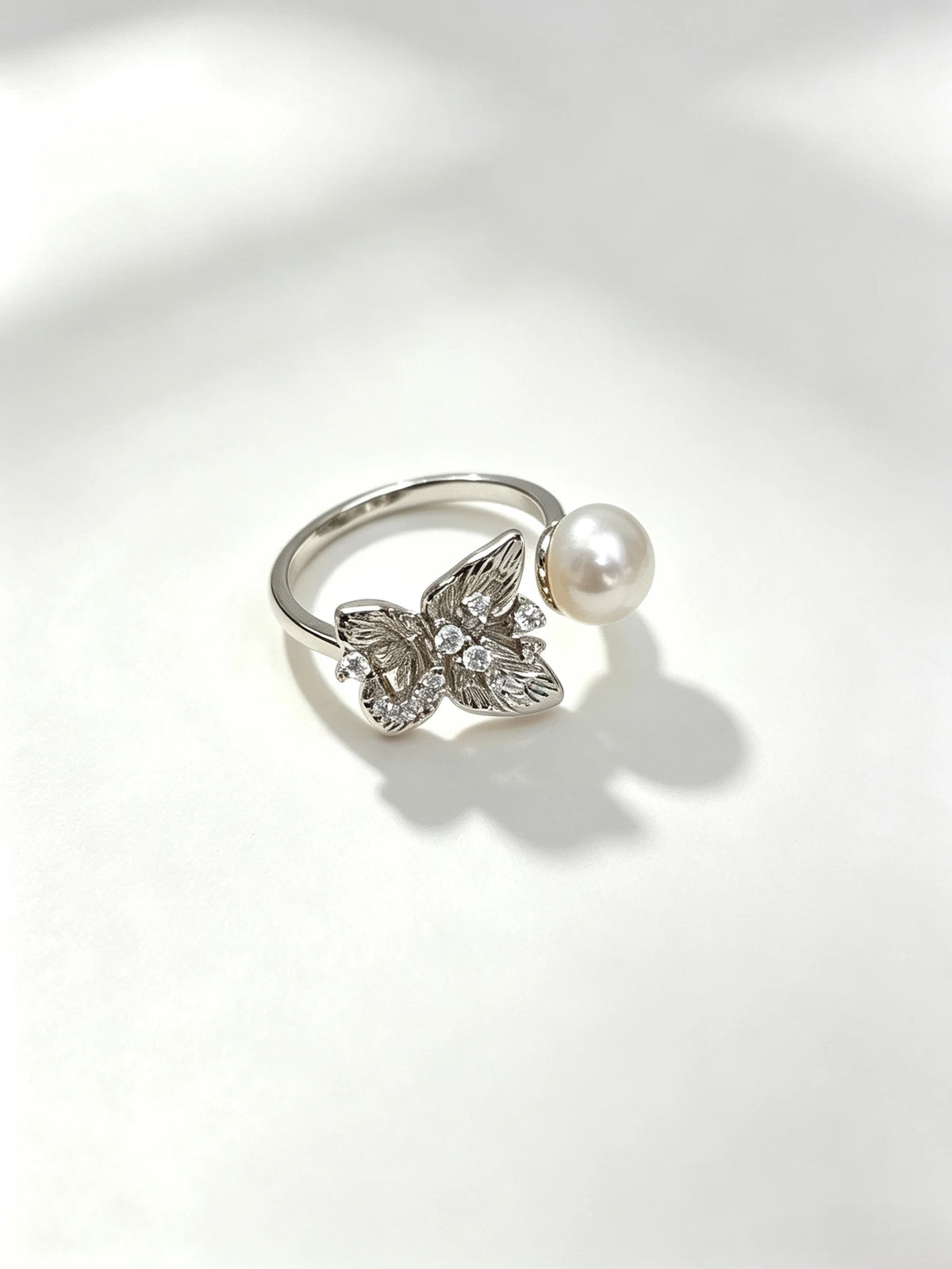 Butterfly Natural Freshwater Pearl Open Ring, 18K Gold Plated Adjustable Feminine Statement Ring for Women