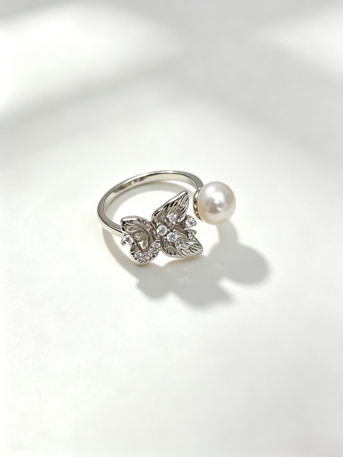 Butterfly Natural Freshwater Pearl Open Ring, 18K Gold Plated Adjustable Feminine Statement Ring for Women