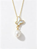 Butterfly Mother‑of‑Pearl Natural Freshwater Pearl Teardrop Pendant Necklace, Elegant Women Collarbone Chain