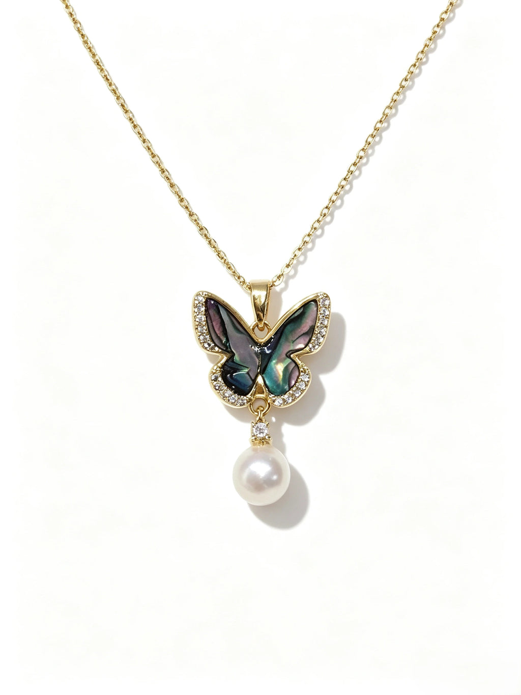 Iridescent Abalone Shell Butterfly Pendant Necklace, Lustrous Natural Freshwater Pearl Necklace for Ladies