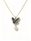 Iridescent Abalone Shell Butterfly Pendant Necklace, Lustrous Natural Freshwater Pearl Necklace for Ladies
