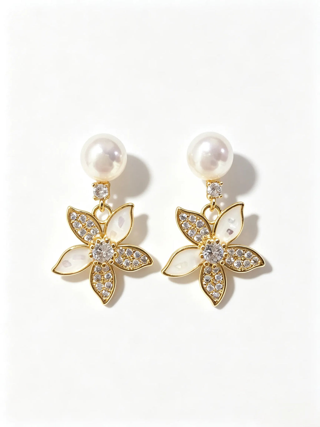 Floral Shell Inlay Drop Earrings, Lustrous Natural Freshwater Pearl Dangle Earrings for Women