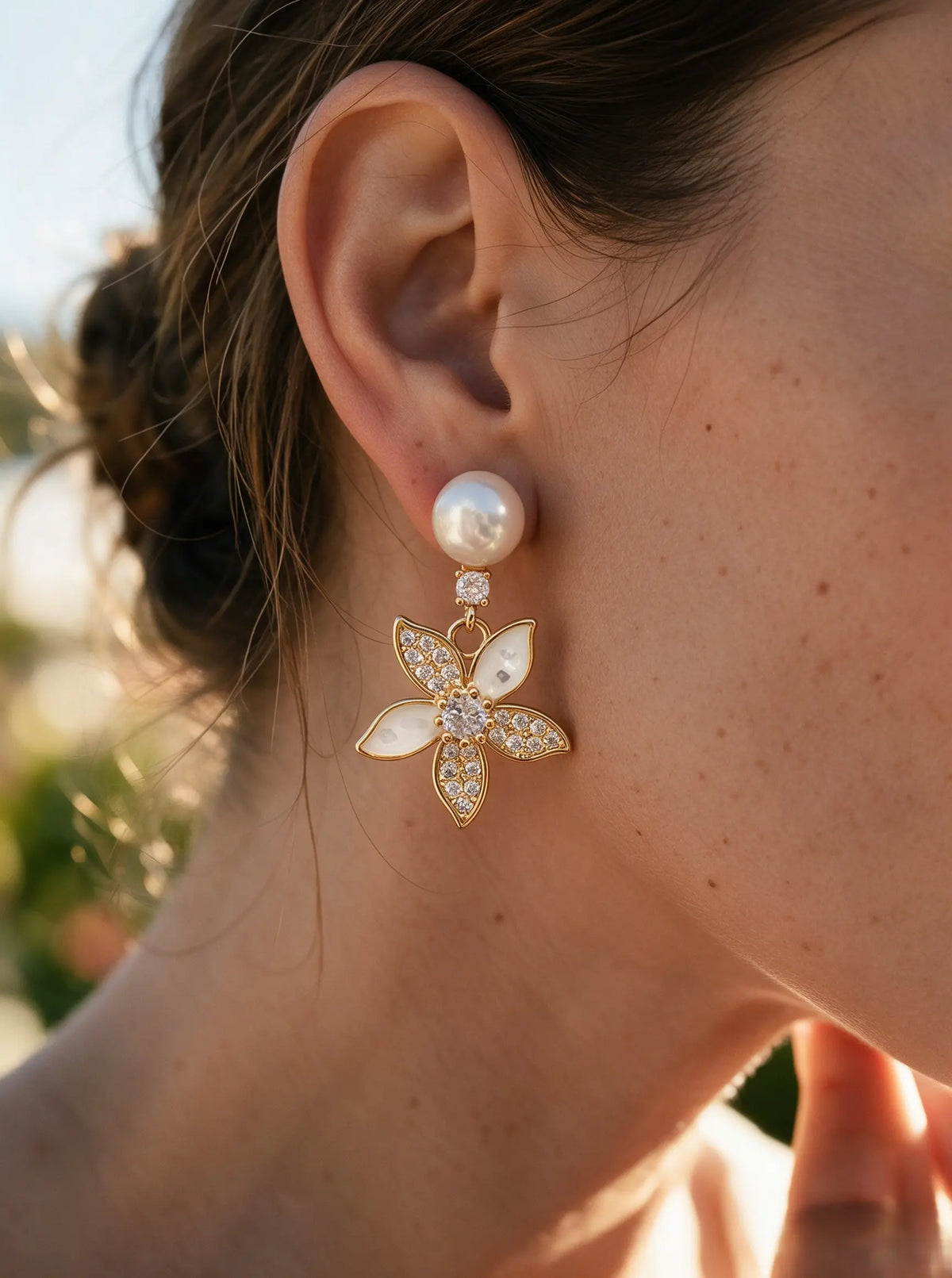 Floral Shell Inlay Drop Earrings, Lustrous Natural Freshwater Pearl Dangle Earrings for Women
