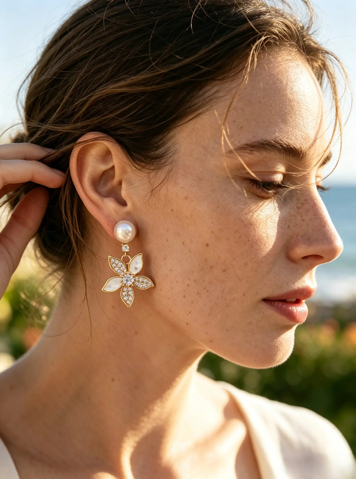Floral Shell Inlay Drop Earrings, Lustrous Natural Freshwater Pearl Dangle Earrings for Women