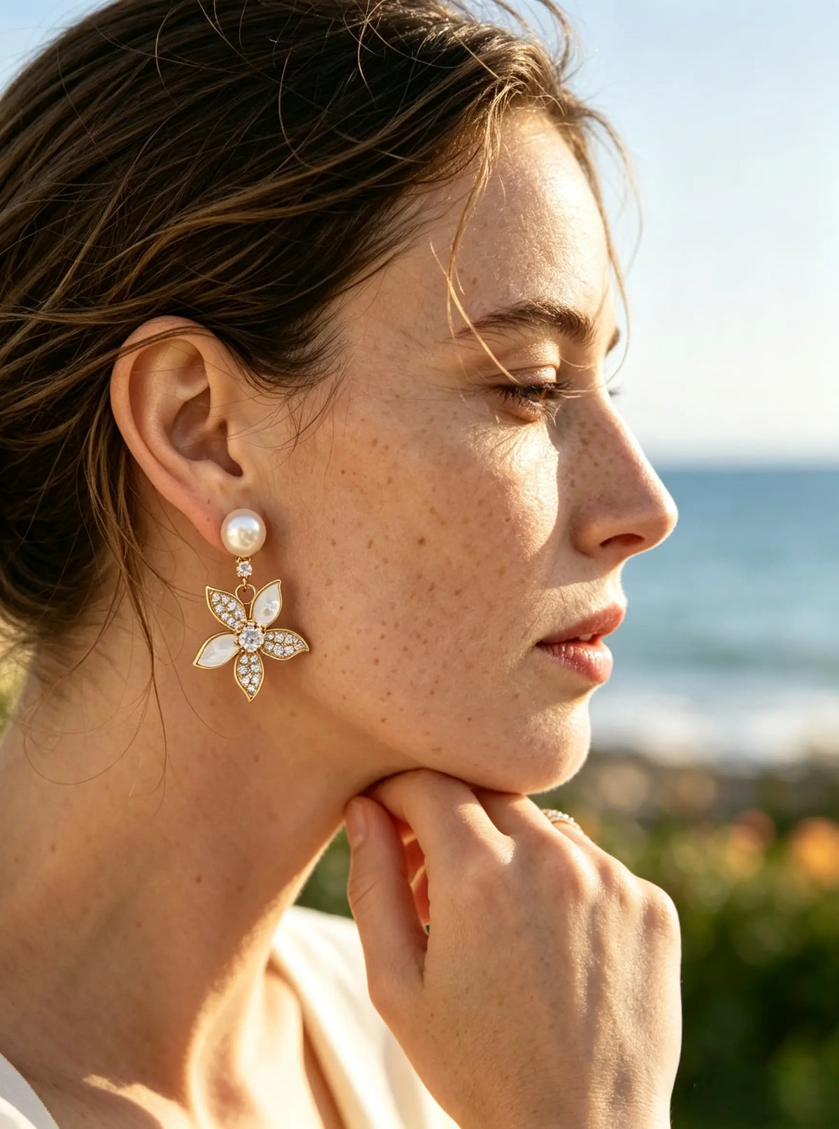 Floral Shell Inlay Drop Earrings, Lustrous Natural Freshwater Pearl Dangle Earrings for Women