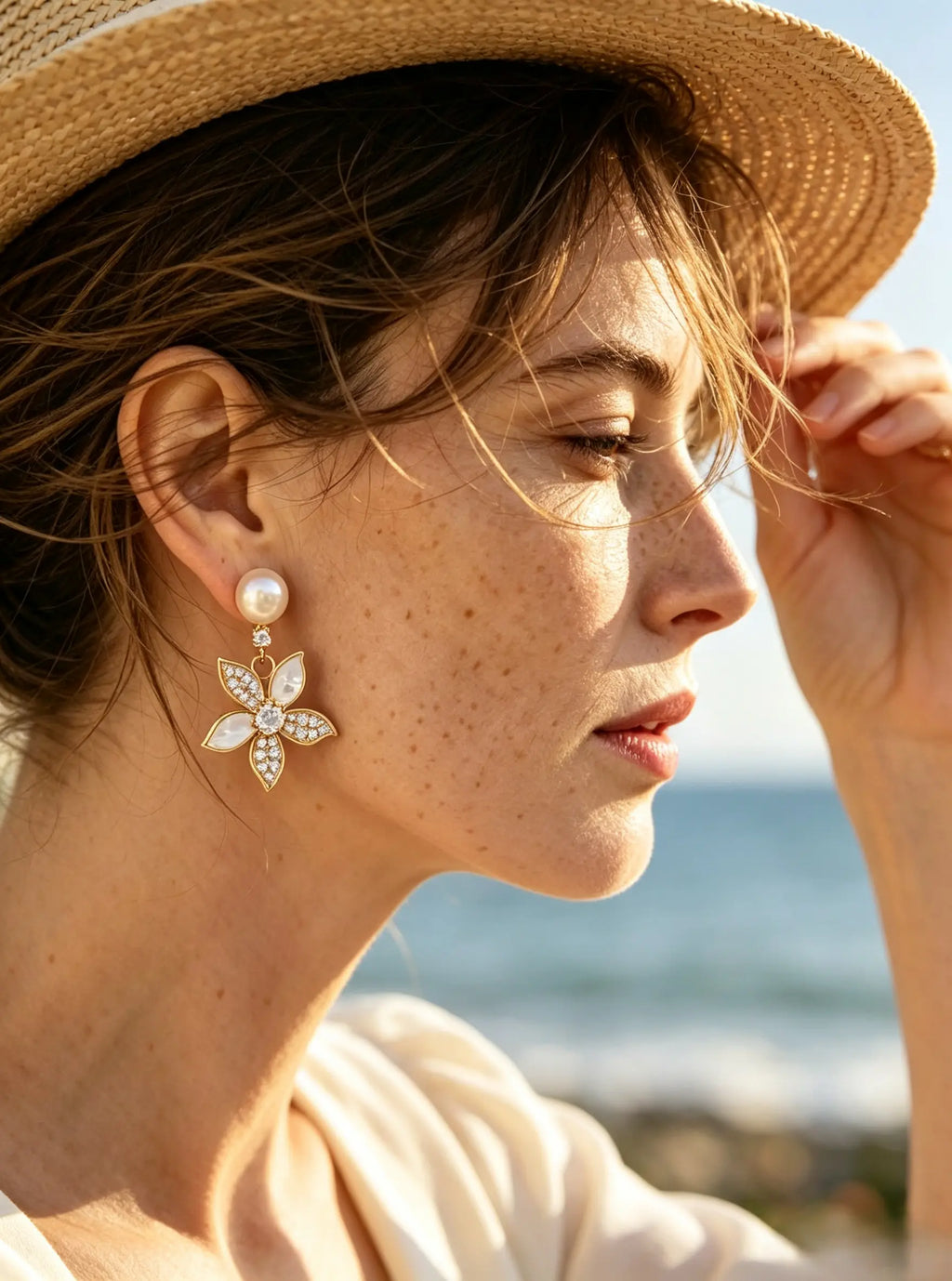 Floral Shell Inlay Drop Earrings, Lustrous Natural Freshwater Pearl Dangle Earrings for Women