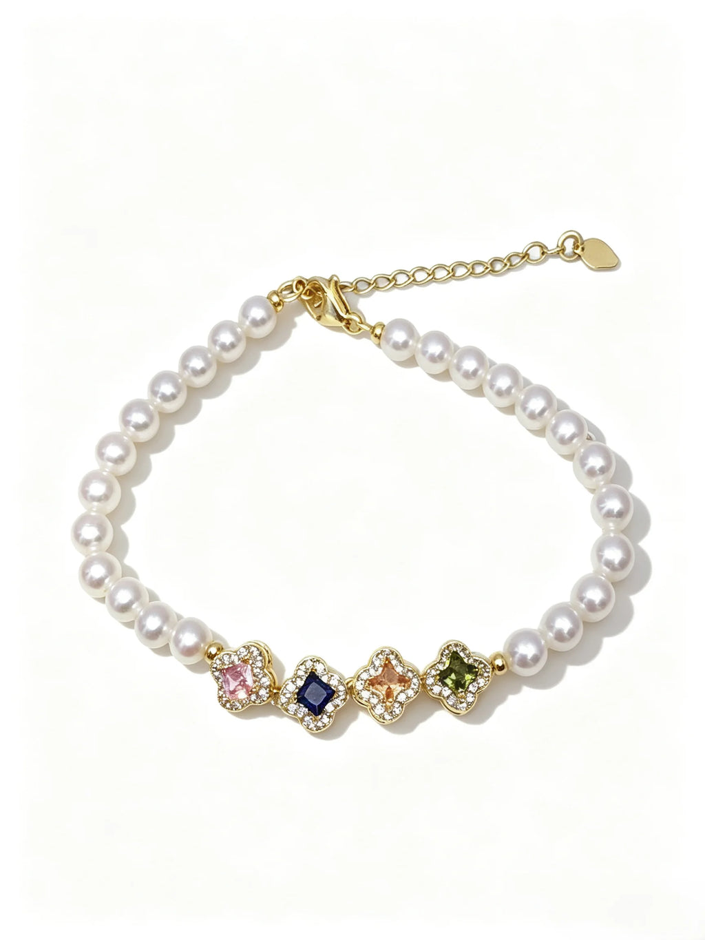 Colorful Clover Charm Freshwater Pearl Bracelet, Dainty Adjustable Pearl Stacking Bracelet for Women