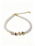 Colorful Clover Charm Freshwater Pearl Bracelet, Dainty Adjustable Pearl Stacking Bracelet for Women