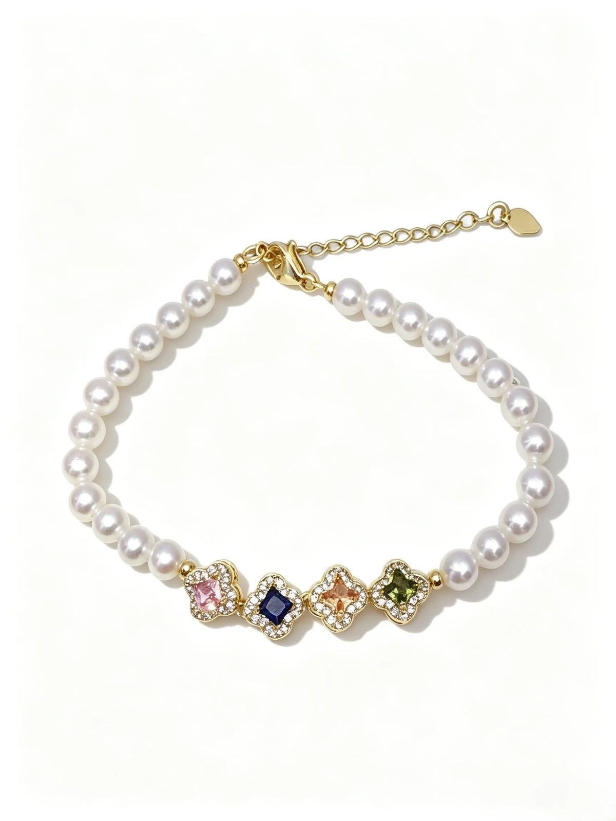 Colorful Clover Charm Freshwater Pearl Bracelet, Dainty Adjustable Pearl Stacking Bracelet for Women