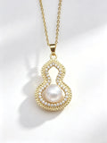 Gourd‑Shaped Openwork Pendant Necklace, Natural Freshwater Pearl Gold‑Tone Collarbone Necklace for Women