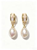 Shell Inlay Teardrop Freshwater Pearl Drop Earrings, Elegant Gold‑Tone Dangle Earrings for Women