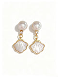 Seashell Mother‑of‑Pearl Drop Earrings, Round Freshwater Pearl Gold‑Tone Dangle Earrings for Women