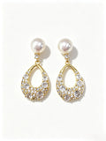 Teardrop Pave Crystal Dangle Earrings, Natural Freshwater Pearl Drop Earrings Gold‑Tone for Women