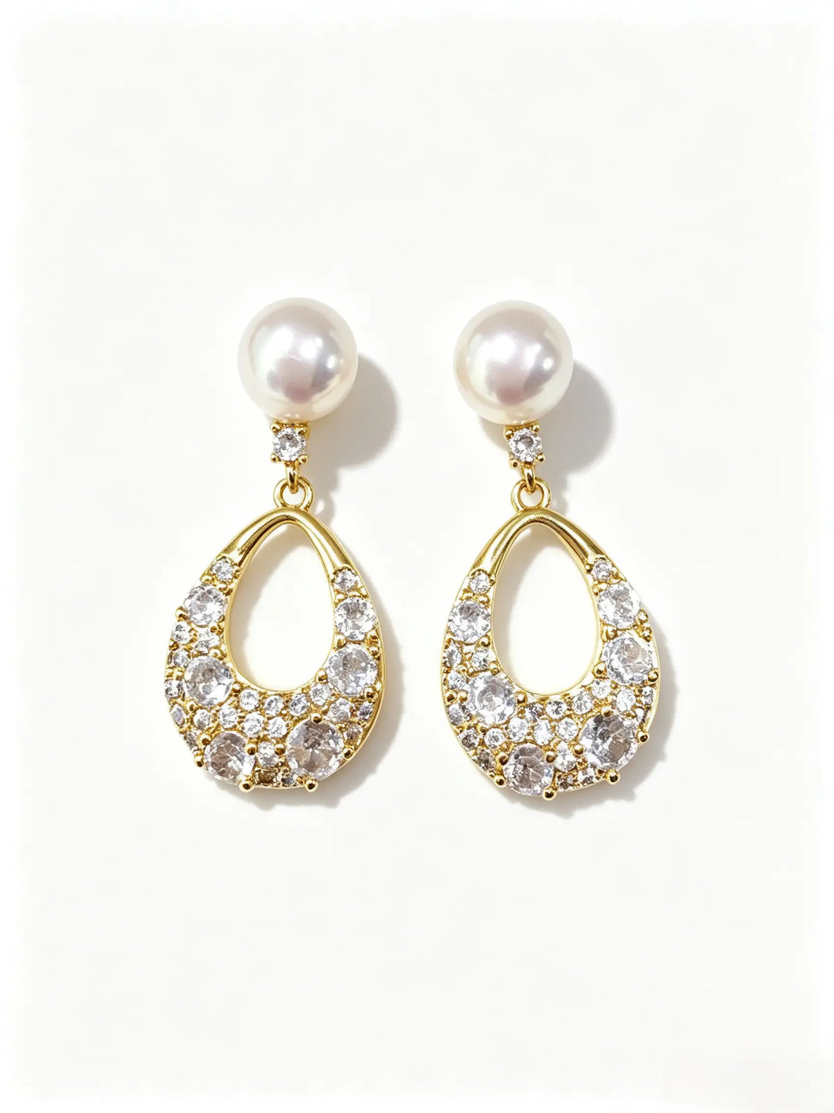 Teardrop Pave Crystal Dangle Earrings, Natural Freshwater Pearl Drop Earrings Gold‑Tone for Women