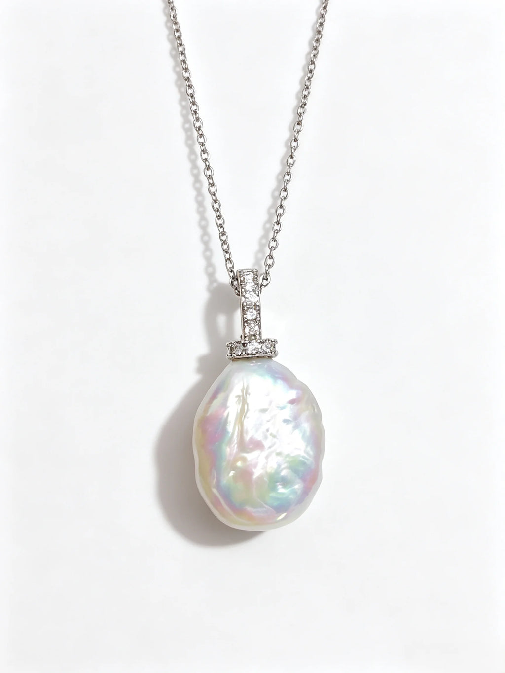Baroque Natural Freshwater Pearl Pendant Necklace, Pave Crystal Bail Gold & Silver Tone Statement Necklace for Women