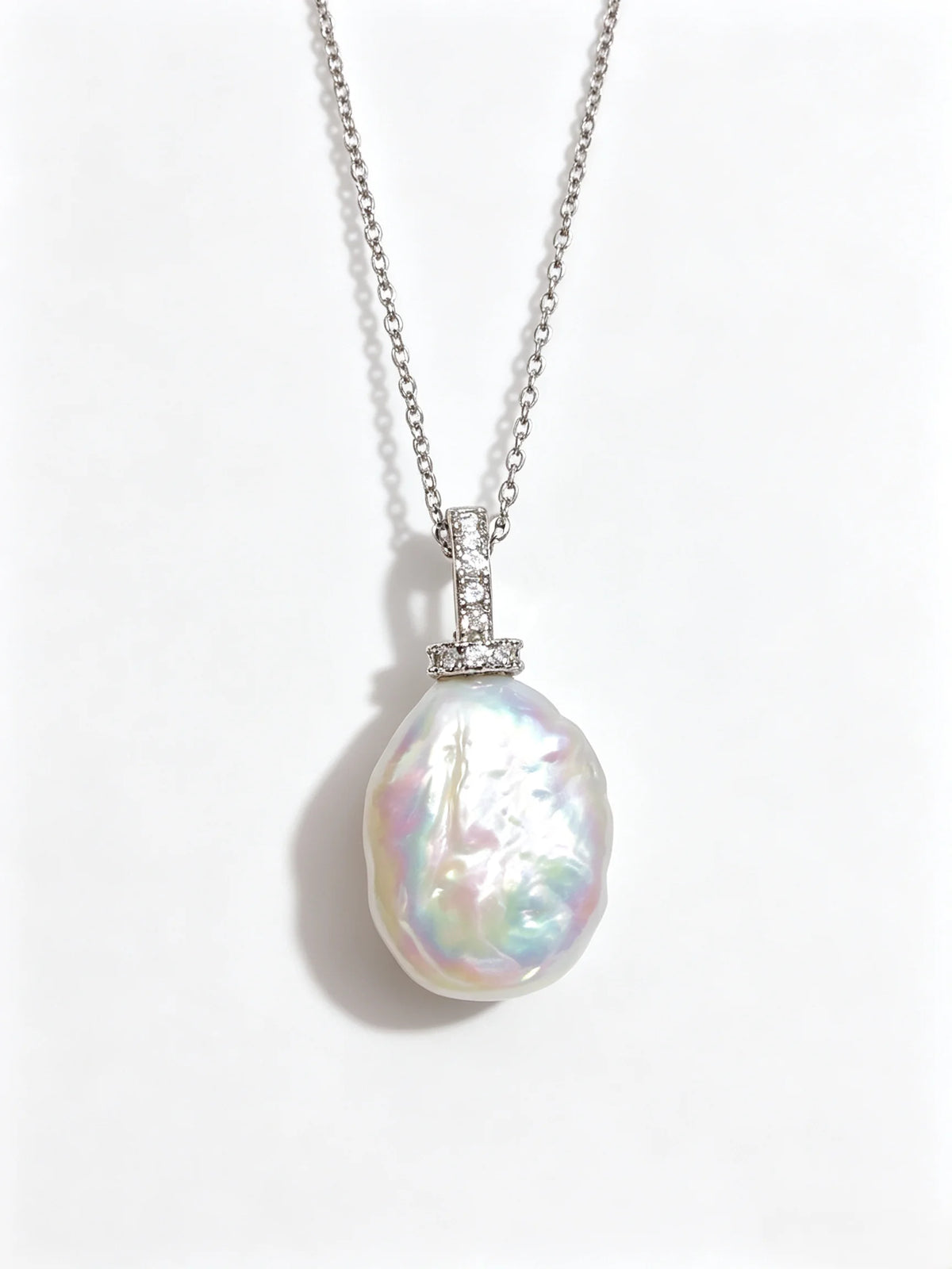 Baroque Natural Freshwater Pearl Pendant Necklace, Pave Crystal Bail Gold & Silver Tone Statement Necklace for Women
