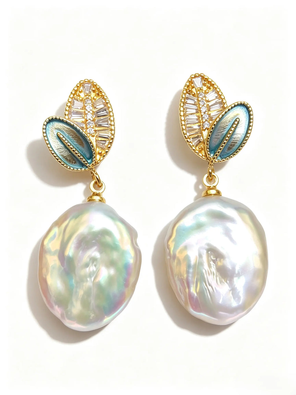 Leaf Enamel Baroque Freshwater Pearl Drop Earrings, Crystal Accent Gold Tone Dangle Earrings for Women
