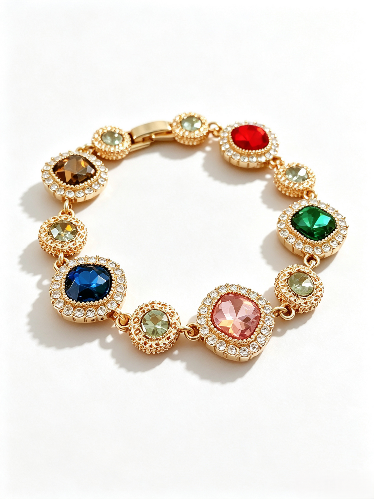 Vintage‑Inspired Multi‑Color Rhinestone Statement Bracelet, Retro Ornate Gold Tone Cocktail Bracelet for Women