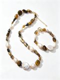Baroque Freshwater Pearl Tiger’s Eye & Grey Agate Beaded Necklace Bracelet Set, Neutral Earth‑Tone Elegant Layering Jewelry