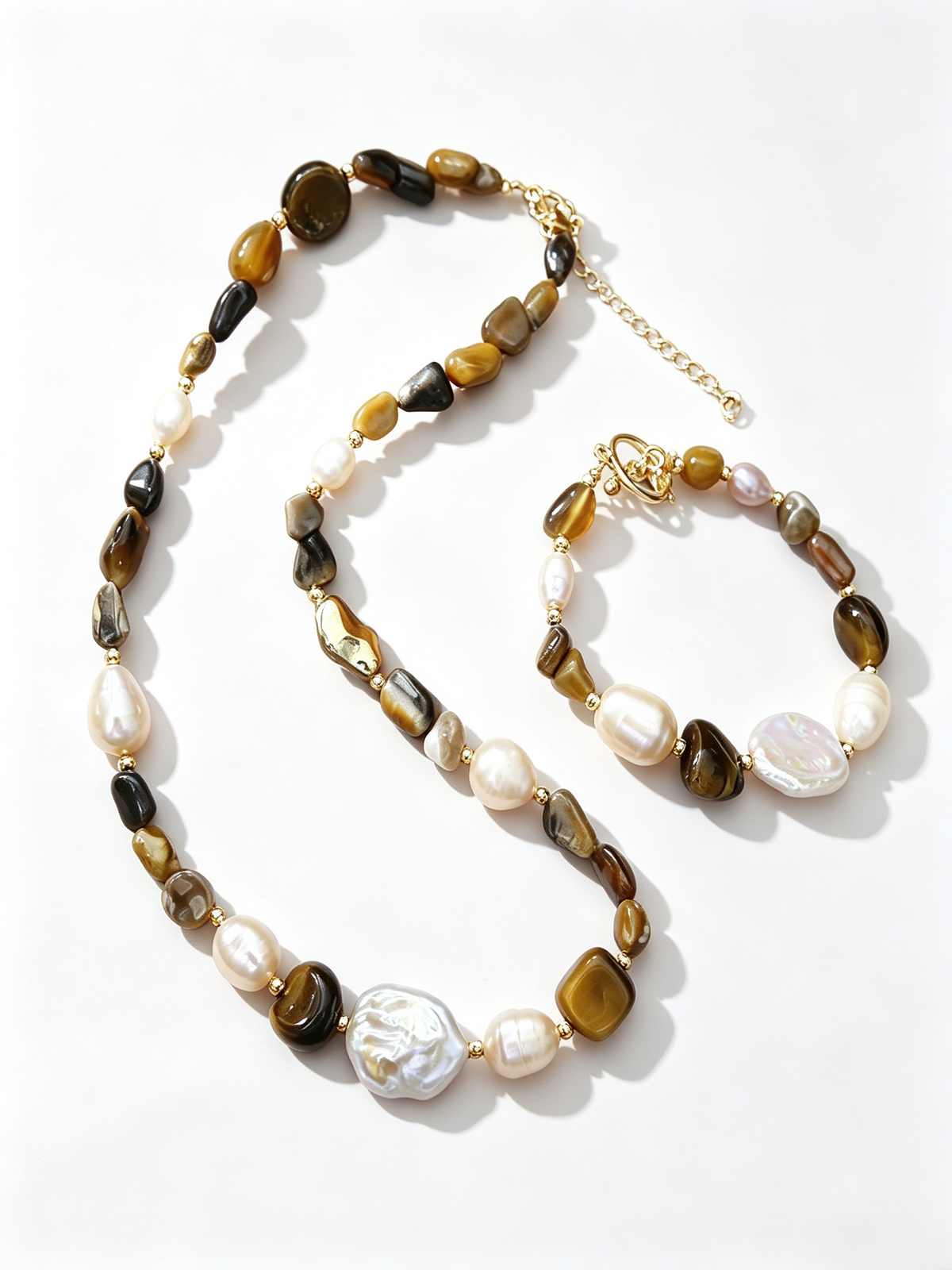 Baroque Freshwater Pearl Tiger’s Eye & Grey Agate Beaded Necklace Bracelet Set, Neutral Earth‑Tone Elegant Layering Jewelry