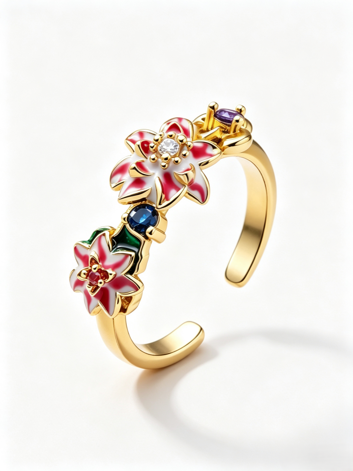 Vintage Enamel Floral Open Adjustable Ring, Hand‑painted Colorful Flower Statement Stacking Ring for Women