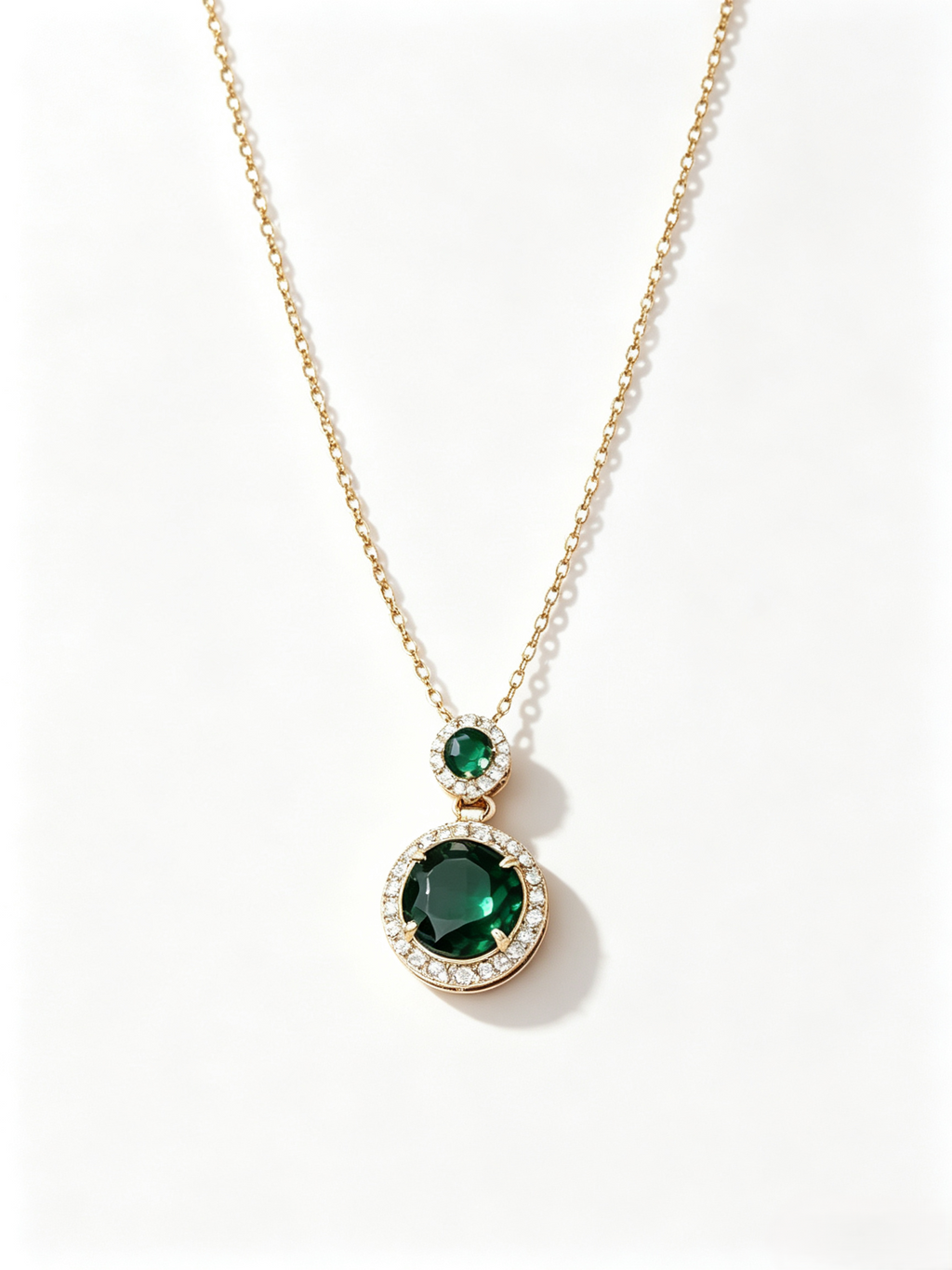 Vintage Double Green Round Stone Pendant Necklace, Halo Pave Crystal Dainty Gold Plated Necklace for Women, Elegant Evening Statement Necklace