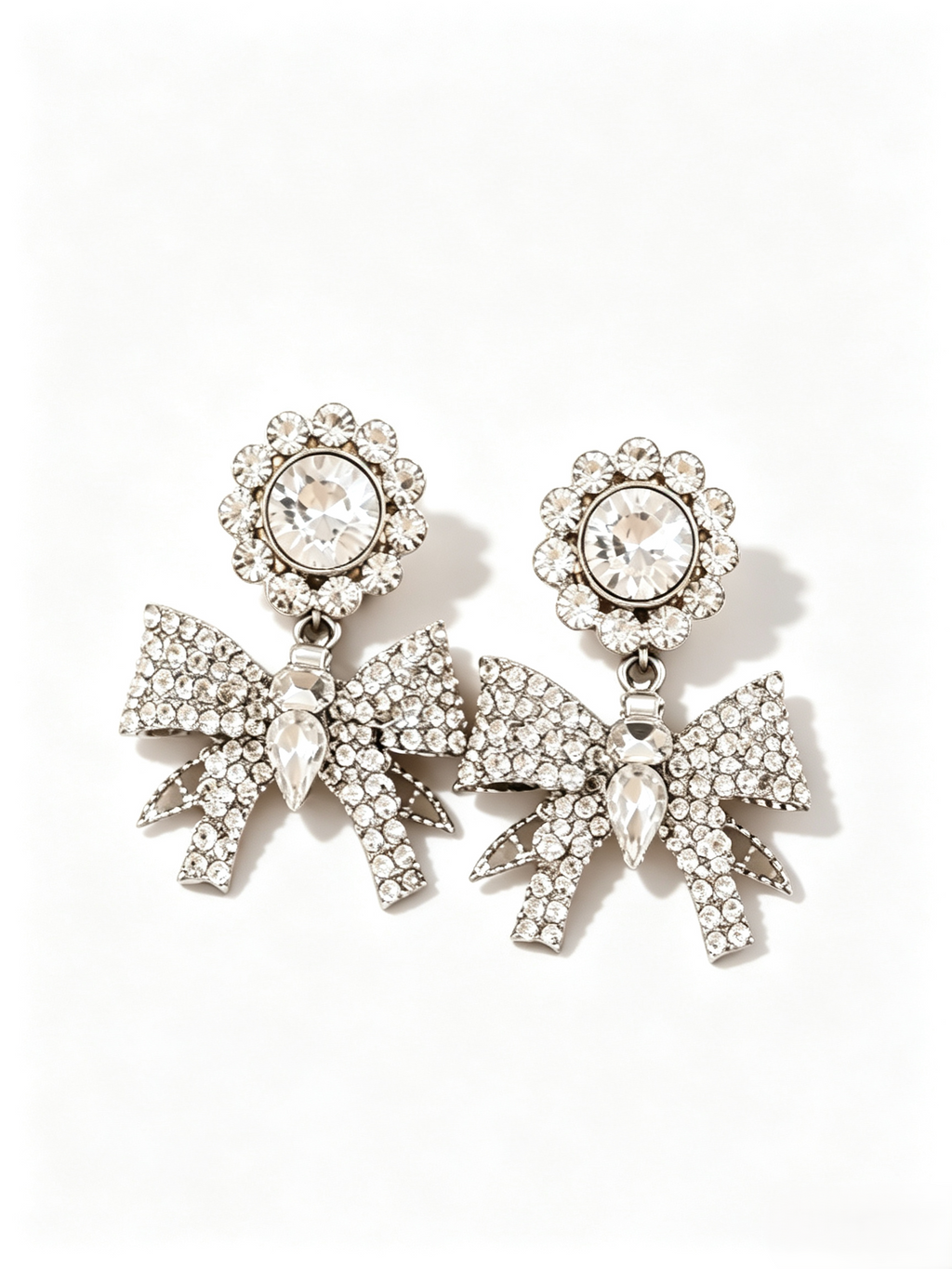 Vintage Rhinestone Bow Drop Earrings, Crystal Flower Teardrop Dangle Earrings, Elegant Wedding Party Statement Earrings for Women