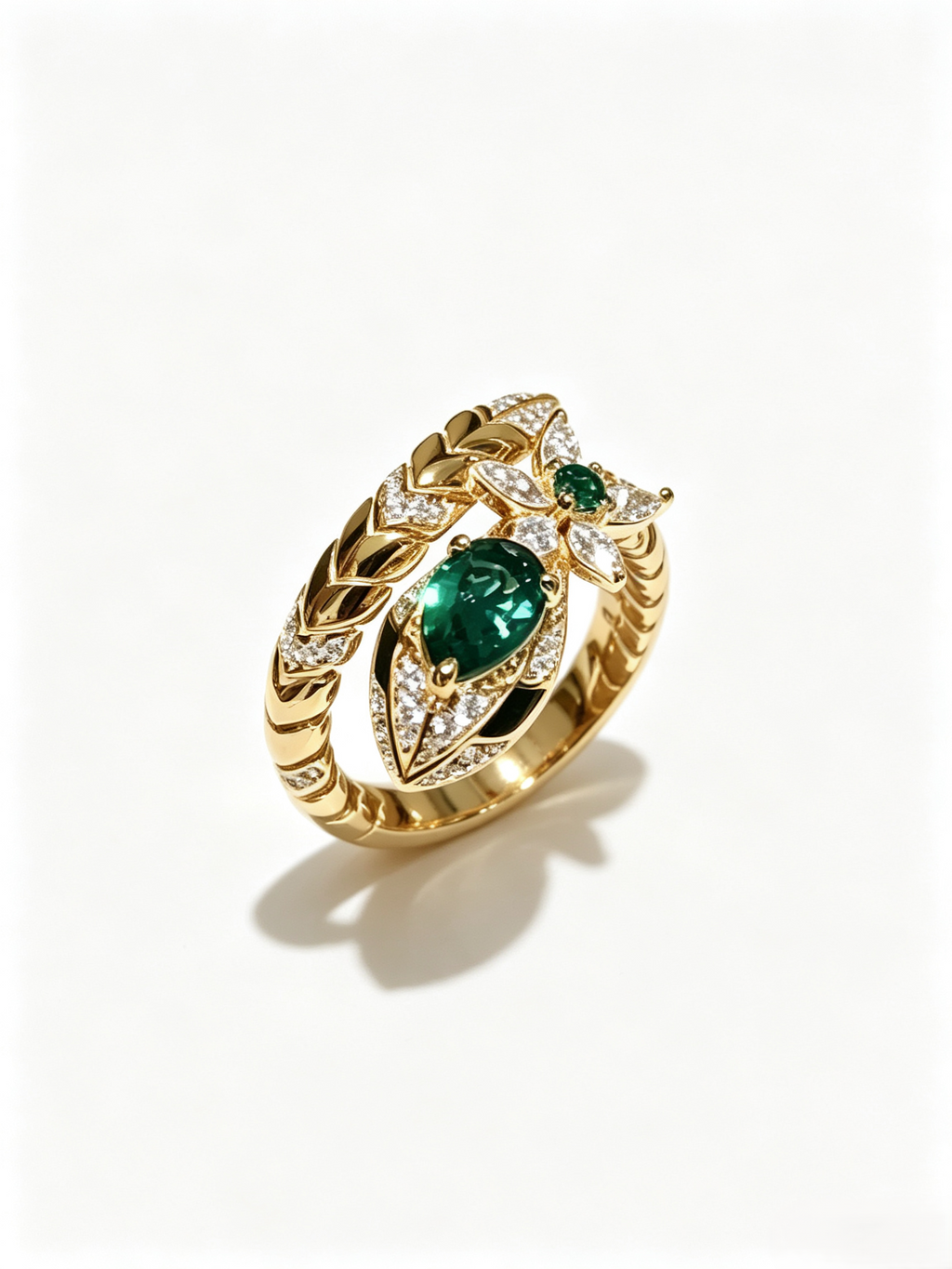 Vintage Emerald Serpent Snake Ring, Gothic Halloween Statement Ring, Gold Tone Pear Green Gemstone Paved Crystal Adjustable Open Ring