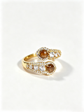 Vintage Mead Brown Tiger Eye Stone Bypass Ring, Micro Pave Crystal Open Adjustable Quiet Luxury Statement Ring