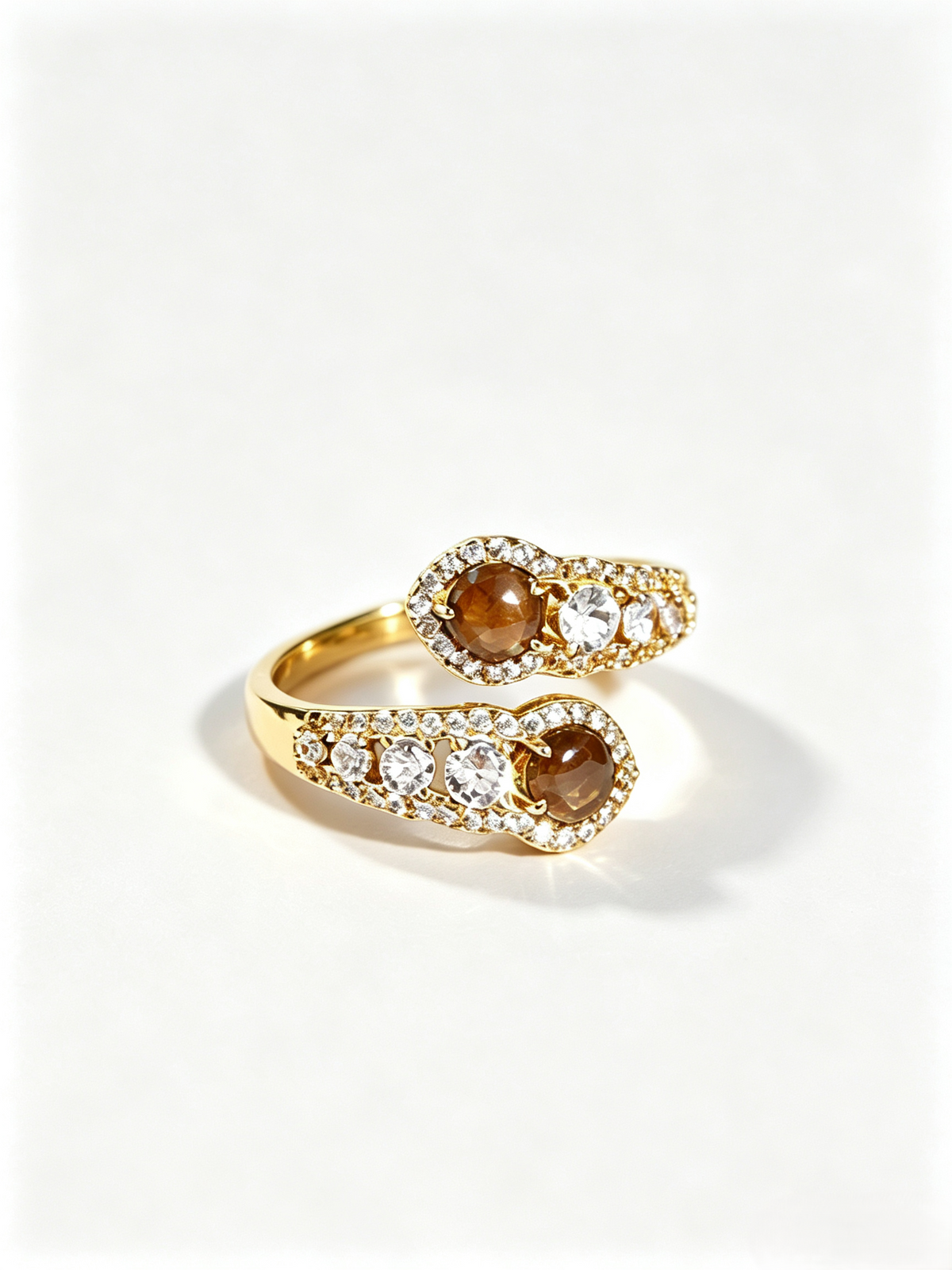 Vintage Mead Brown Tiger Eye Stone Bypass Ring, Micro Pave Crystal Open Adjustable Quiet Luxury Statement Ring