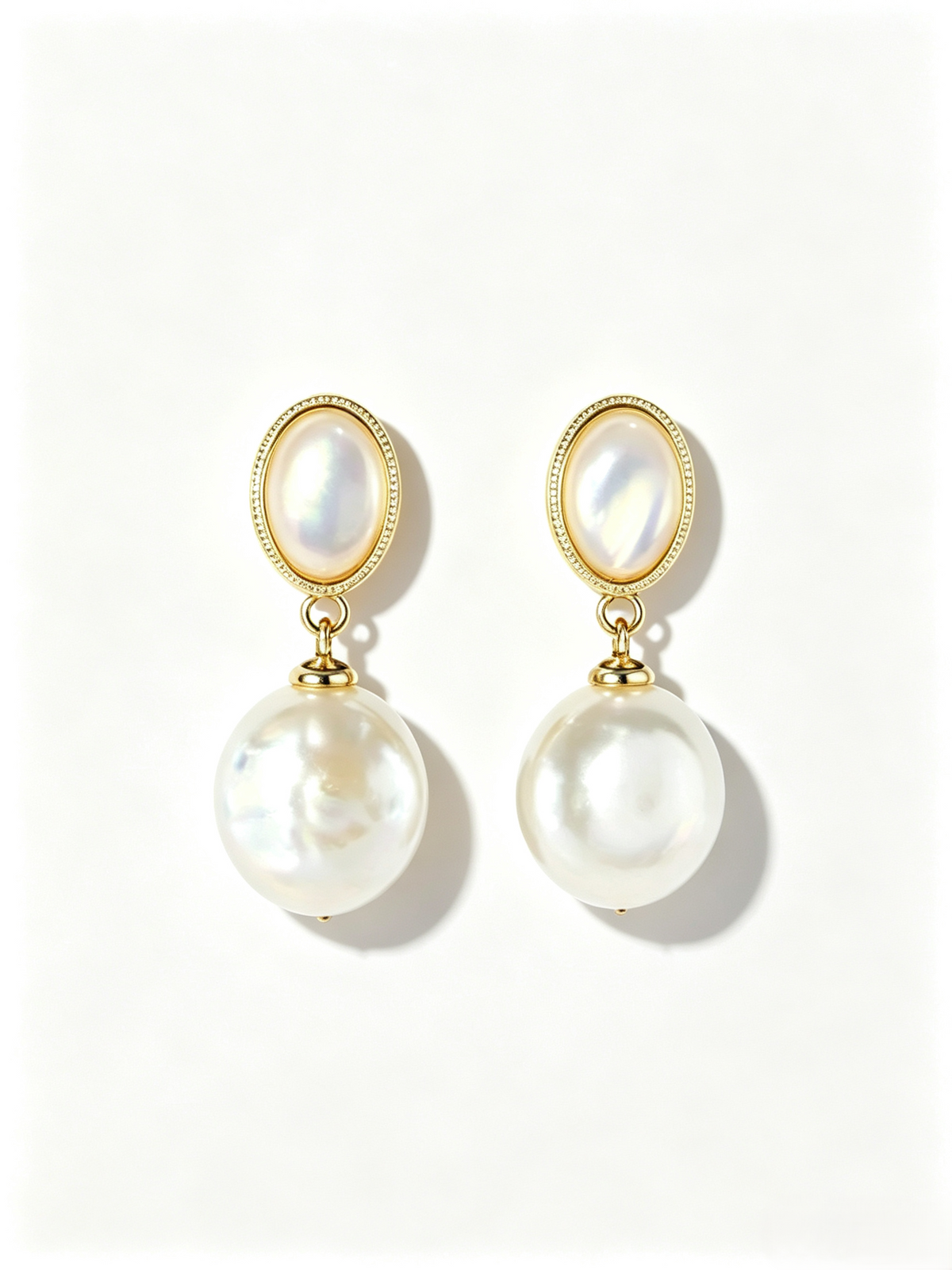 Vintage Beaded Frame Oval Mother-of-Pearl Baroque Pearl Drop Earrings, Handmade Gold Dangle Earrings for Women