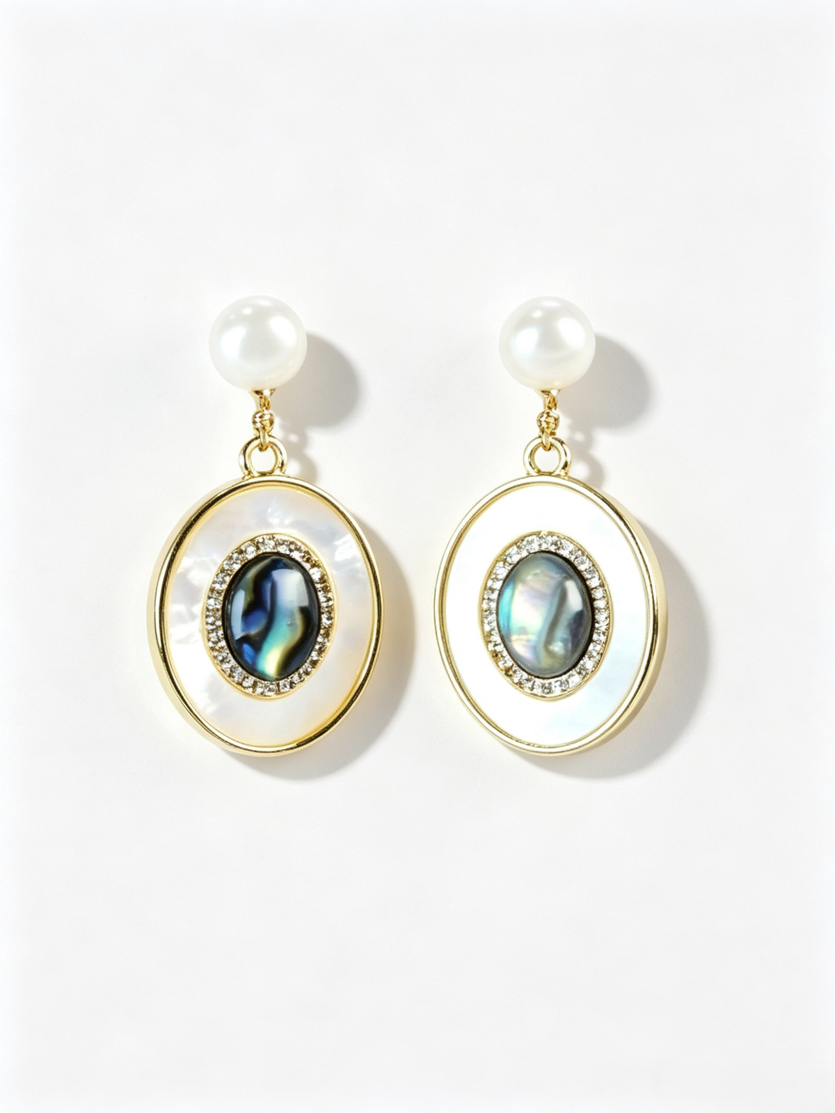 Layered Oval Abalone & Mother-of-Pearl Freshwater Pearl Drop Earrings, Vintage Gold Dangle Earrings for Women